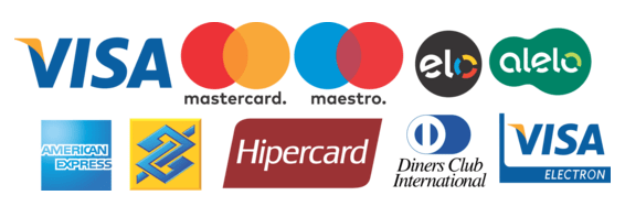 Visa, Mastercard, Elo, Amex, Hipercard, Diners e mais